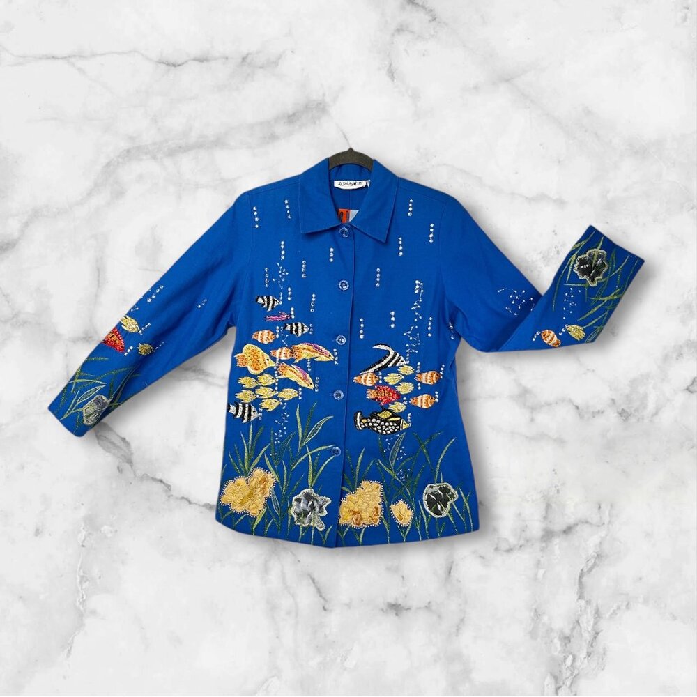 Vintage Kaneko Blue Jacket With Colorful Fish & Coral Embroidery